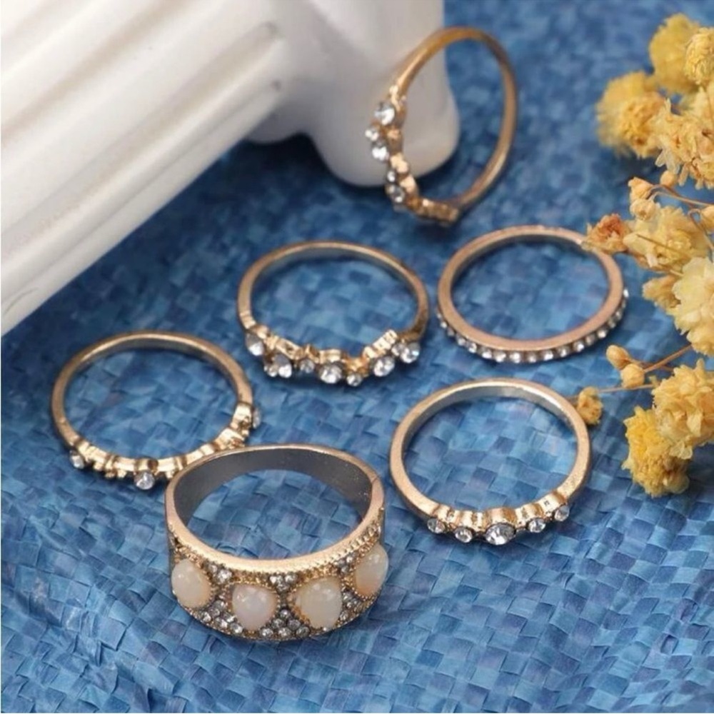 Gold 6pc Rhinestone Ring Set - Picture 2 of 2
